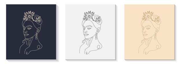Belleza mujer cabeza floral boho lineart