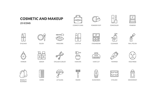 belleza mujer cosméticos y maquillaje cuidado de la piel tratamiento facial conjunto de iconos de línea de contorno