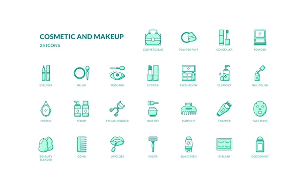 belleza mujer cosméticos y maquillaje cuidado de la piel tratamiento facial línea de relleno verde conjunto de iconos