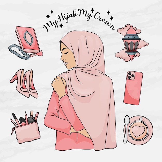 Vector belleza mujer hijab niña pegatina elemento elementos establecer plantilla