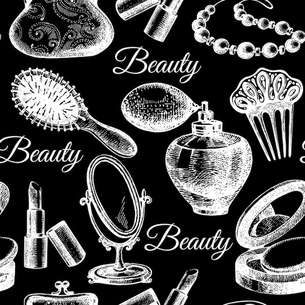 Belleza de patrones sin fisuras. accesorios cosméticos. ilustraciones vectoriales de bocetos dibujados a mano vintage