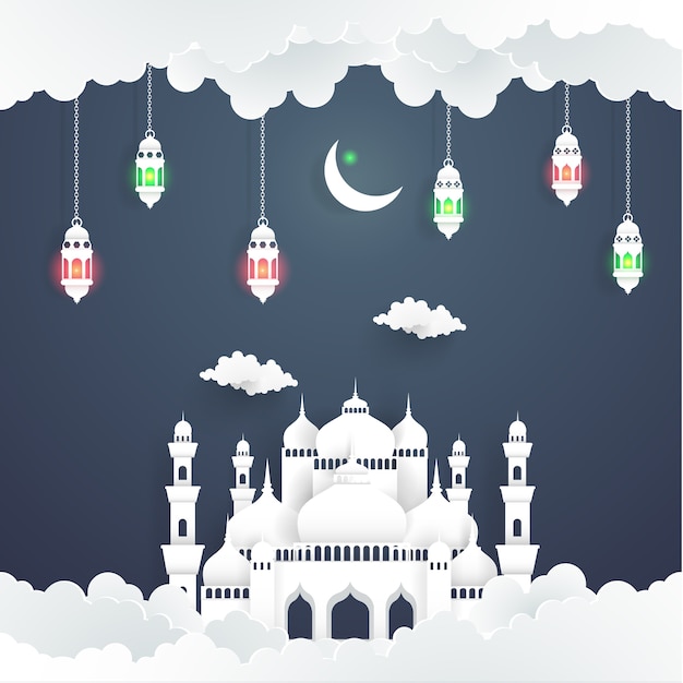 la belleza de Ramadan Kareem con la ilustración de la mezquita y la luna. arte en papel