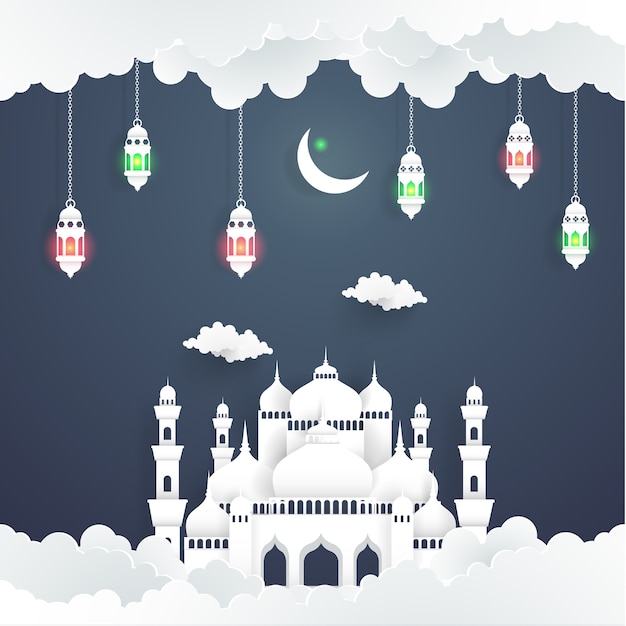 La belleza de ramadan kareem con la ilustración de la mezquita y la luna. arte en papel