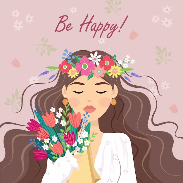 La belleza regalo de amor concepto joven mujer chica con corona de dibujos animados escondiendo el ramo de flores tulipanes