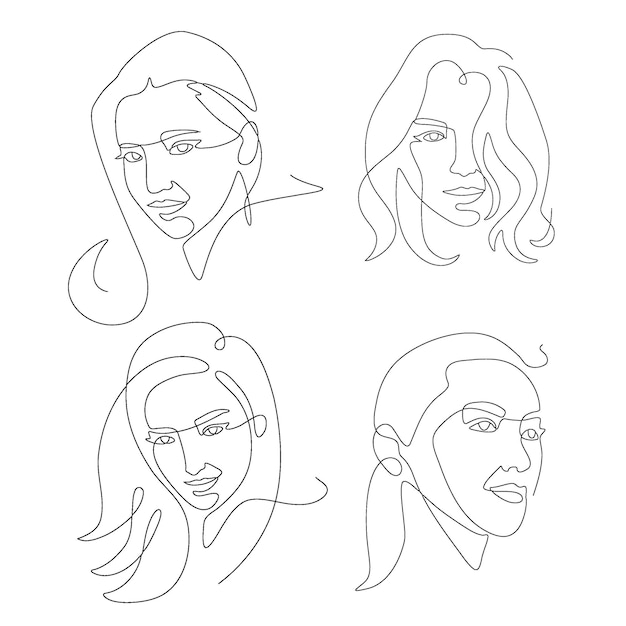 Belleza y rostro de mujer elegante Dibujo vectorial continuo de una línea Conjunto de rostros de mujer estilizados.