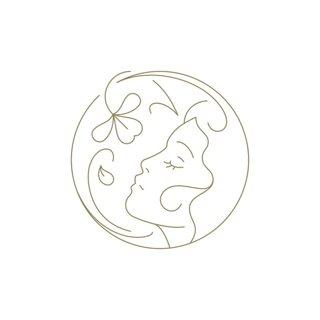 Belleza rostro mujer olor flor natural círculo dorado marco línea arte logotipo ilustración vectorial