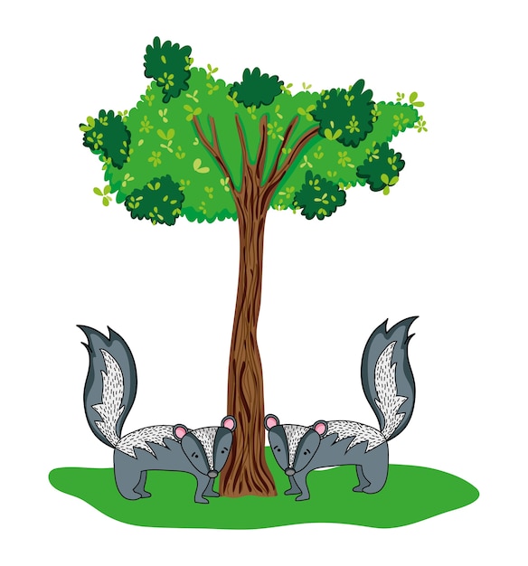 Vector belleza skunk pareja animal y arbol