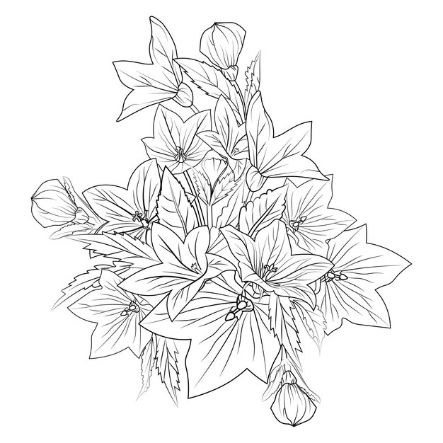 Bellflower tatuaje simple Bellflower tatuaje doodle ramo de flores aislado sobre fondo blanco.