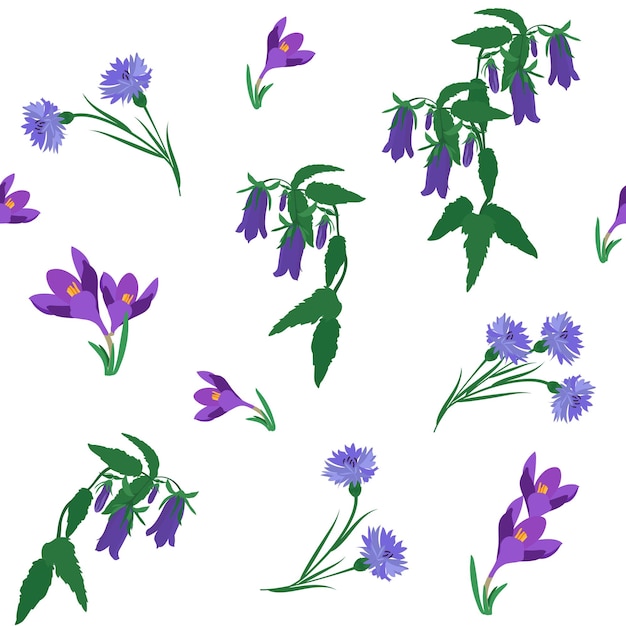 Bellscrocus de campo y acianos sobre un fondo blanco sin costuras Ilustración vectorial Para decorar papel tapiz de embalaje textil