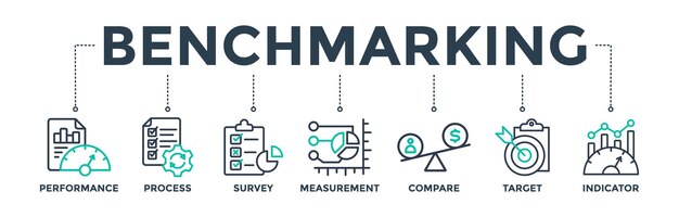 Benchmarking concepto de ilustración vectorial de icono web de banner para el desarrollo de negocios