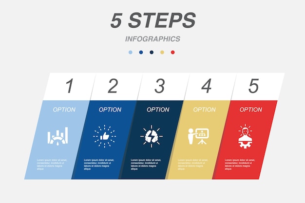 Benchmarking Mejores prácticas Lluvia de ideas Plan de negocios DeveloperxA iconos Plantilla de diseño infográfico Concepto creativo con 5 pasos