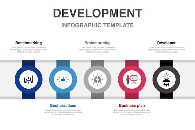 Benchmarking mejores prácticas lluvia de ideas plan de negocios iconos de desarrollador diseño infográfico plantilla de diseño concepto de presentación creativa con 5 pasos