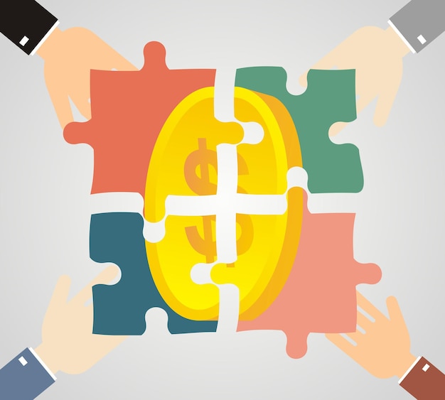 Vector beneficio de las asociaciones manos humanas sosteniendo piezas de un rompecabezas con la moneda ilustración vectorial de stock