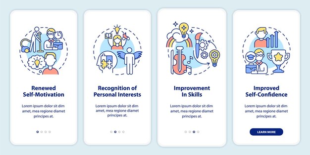 Beneficios del aprendizaje permanente al incorporar la pantalla de la aplicación móvil Recorrido de 4 pasos páginas de instrucciones gráficas con conceptos lineales UI UX Plantilla de GUI Myriad ProBold Fuentes regulares utilizadas