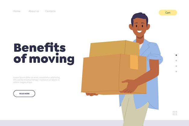 Beneficios del concepto de movimiento para la plantilla de página de aterrizaje con personaje humano que lleva cajas de cartón apiladas con cosas durante la reubicación dejando el hogar u oficina Ilustración vectorial del sitio web que proporciona ayuda