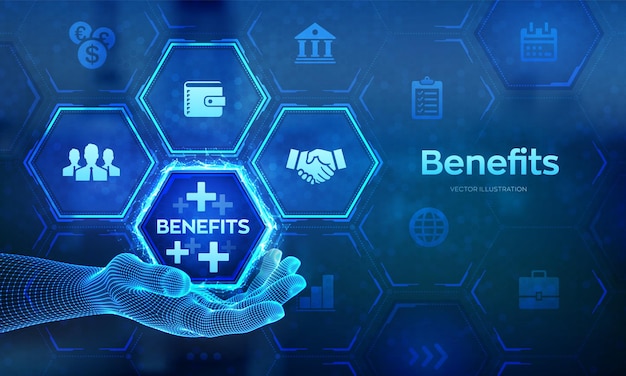 Los beneficios para los empleados ayudan a obtener el mejor concepto de negocio de recursos humanos en la pantalla virtual