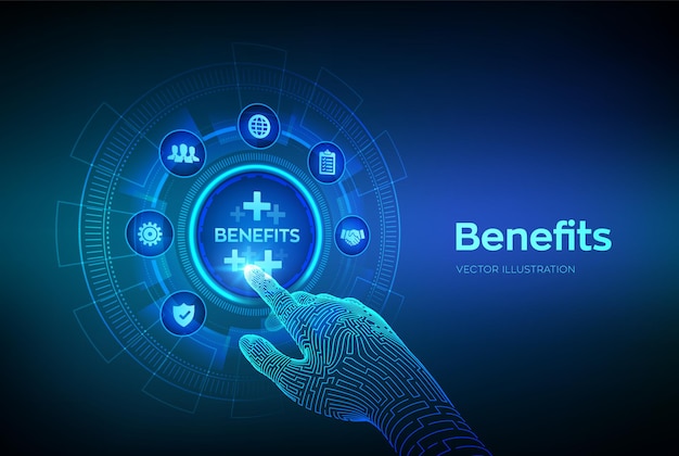 Los beneficios para empleados ayudan a obtener el mejor concepto de recursos humanos en la pantalla virtual. Negocio con fines de lucro, beneficio, seguro médico. Mano robótica tocando la interfaz digital. Ilustración vectorial.