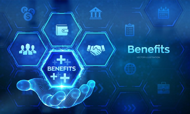 Los beneficios de los empleados ayudan a obtener el mejor concepto de recursos humanos en la pantalla virtual Negocio con fines de lucro Beneficio seguro de salud Icono de beneficio en la mano del marco de alambre Ilustración vectorial