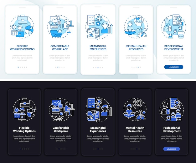 Beneficios para empleados Pantalla de la página de la aplicación móvil de incorporación oscura y clara. Tutorial de instrucciones gráficas de 5 pasos con conceptos. UI, UX, plantilla de vector GUI con ilustraciones lineales en modo día y noche
