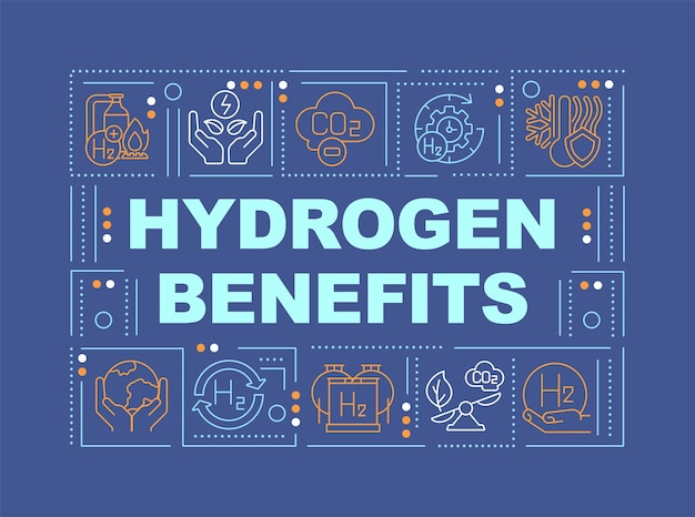 Beneficios de hidrógeno conceptos de palabras banner azul oscuro
