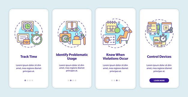 Beneficios de la monitorización de empleados en la pantalla de la página de la aplicación móvil incorporada. Tutorial de seguimiento del trabajo Instrucciones gráficas de 4 pasos con conceptos. UI, UX, plantilla de vector de GUI con ilustraciones en colores lineales