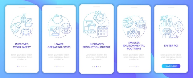 Beneficios de la pantalla de la aplicación móvil de incorporación de degradado azul de automatización Tutorial 5 pasos páginas de instrucciones gráficas con conceptos lineales UI UX Plantilla de GUI Myriad ProBold Fuentes regulares utilizadas