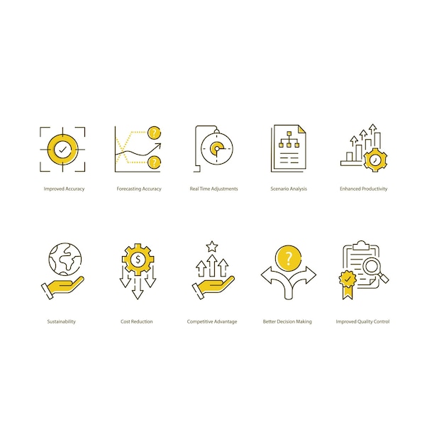 Beneficios de la producción y planificación de IA Conjunto de iconos de ilustración vectorial