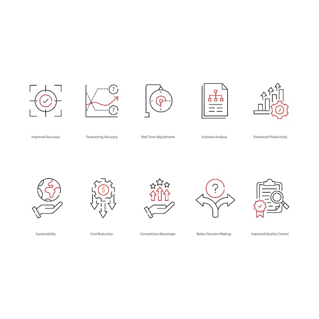 Beneficios de la producción y planificación de IA Conjunto de iconos de ilustración vectorial