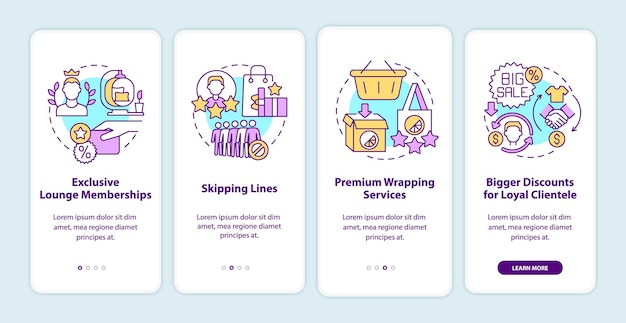 Vector beneficios del programa de lealtad al incorporar la pantalla de la página de la aplicación móvil. beneficios para clientes leales a través de 4 pasos, instrucciones gráficas con conceptos. ui, ux, plantilla de vector gui con ilustraciones en colores lineales