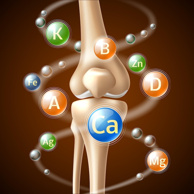 Vector beneficios realistas de calcio para los huesos humanos diferentes elementos químicos voladores 3d articulaciones de rodilla vitaminas y minerales suplemento alimenticio concepto médico o de atención médica ilustración vectorial total