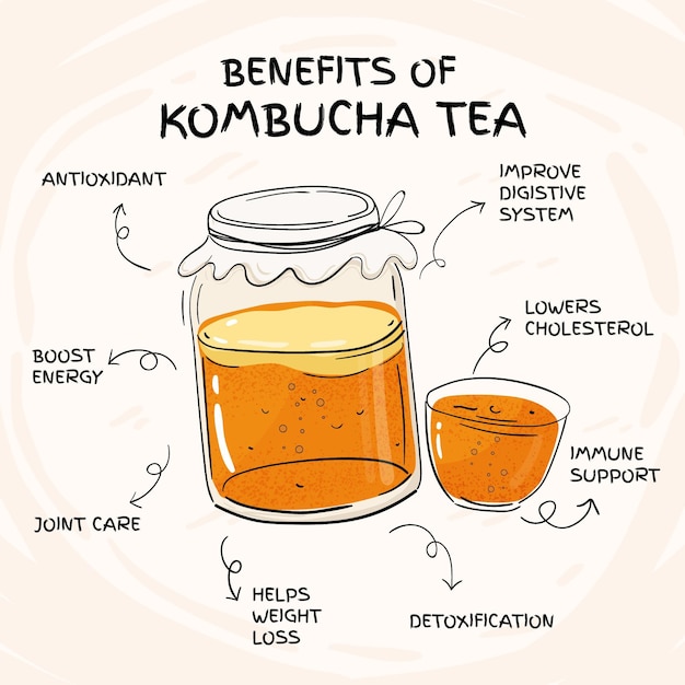 Vector beneficios del té de kombucha