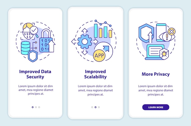 Beneficios de Web 3 0 al incorporar la pantalla de la aplicación móvil. Sin opción de código tutorial de 3 pasos páginas de instrucciones gráficas con conceptos lineales. Interfaz de usuario, UX, plantilla de interfaz gráfica de usuario. Myriad Pro-Bold, fuentes regulares utilizadas