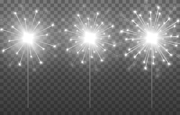 Bengalas vectoriales sobre un fondo transparente aislado. Bengalas blancas png. Chispas, fuegos artificiales png.