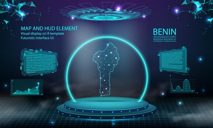 Vector benin mapa luz conexión efecto fondo abstracto tecnología digital ui gui futurista hud interfaz virtual con mapa benin escenario podio futurista en niebla