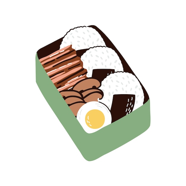 Bento con carne onigiri y champiñones ilustración vectorial dibujada a mano en estilo plano