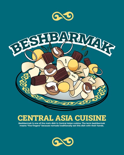Beshbarmak cocina de Asia Central Carne cortada en rodajas delgadas y masa en un gran plato redondo con k
