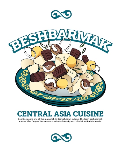 Beshbarmak cocina de Asia Central Carne cortada en rodajas delgadas y masa en un gran plato redondo con k