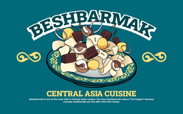 Beshbarmak cocina de Asia Central Carne cortada en rodajas delgadas y masa en un gran plato redondo con k