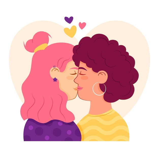 Vector beso de pareja de lesbianas de diseño plano ilustrado