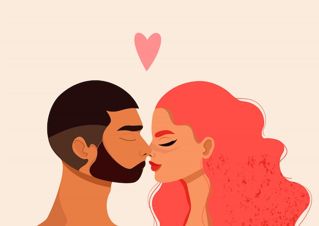 Besos pareja ilustración. Hermoso hombre y mujer con los ojos cerrados besándose. Concepto de romance y amor. Chica de pelo rojo y hombre de pelo oscuro. Tarjeta de felicitación del día de san valentín.