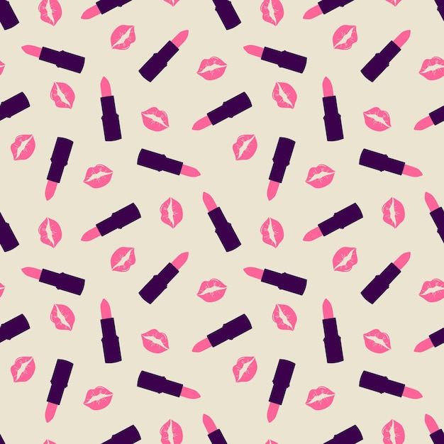 Besos rosados y patrones sin fisuras de lápiz labial. Patrón cosmético sin costuras. Diseño para la industria de la belleza, publicidad, Día de San Valentín. ilustración vectorial