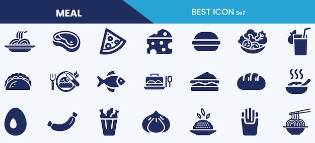 Best meal icon set collection Juice bread fish soup burger rice pasta pizza and vector illustration