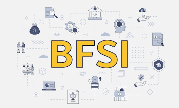 Bfsi servicios financieros bancarios y concepto de seguro con conjunto de iconos con gran palabra o texto en el centro