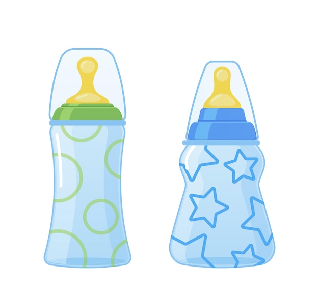 Biberones de leche para bebés recién nacidos en diferentes tamaños Materiales Patrones y formas Dibujos animados Vector Ilustración