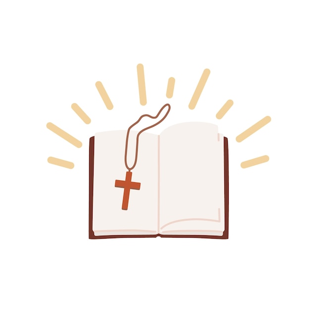 Vector biblia y cruz, libro sagrado abierto de los cristianos, ilustración vectorial plana