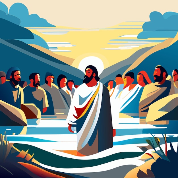 En la Biblia en el río Jordán muchas personas Jesús fue bautizado por Juan se puso de pie junto al agua vector
