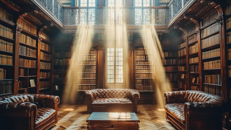 Vector biblioteca antigua con libros flotantes
