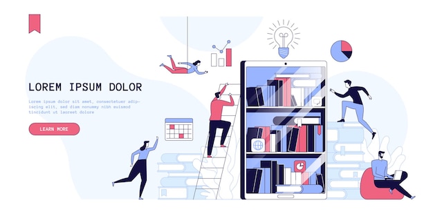 Biblioteca electrónica Archivo de libros aplicación móvil Educación en línea aprendizaje electrónico banner web concepto de dibujos animados