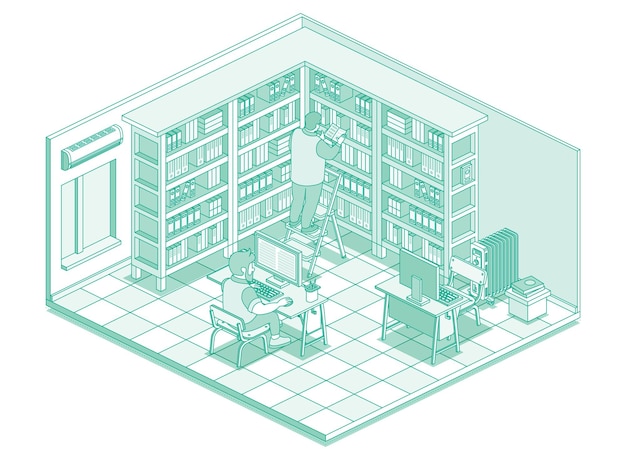 Biblioteca isométrica con libros en estantes Hombre de pie en una escalera y leer libro Catálogo en línea Hombre sentado en la computadora y leer texto en el monitor Librería llena de libros