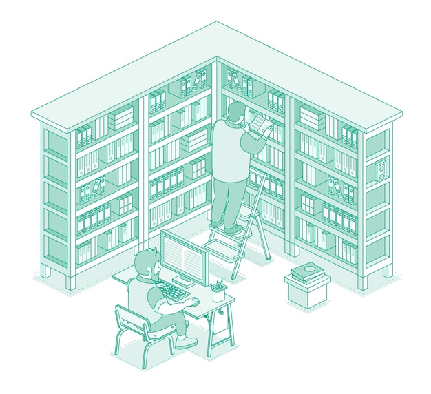 Biblioteca isométrica con libros en estantes Hombre de pie en una escalera y leer libro Catálogo en línea Hombre sentado en la computadora y leer texto en el monitor Librería llena de libros